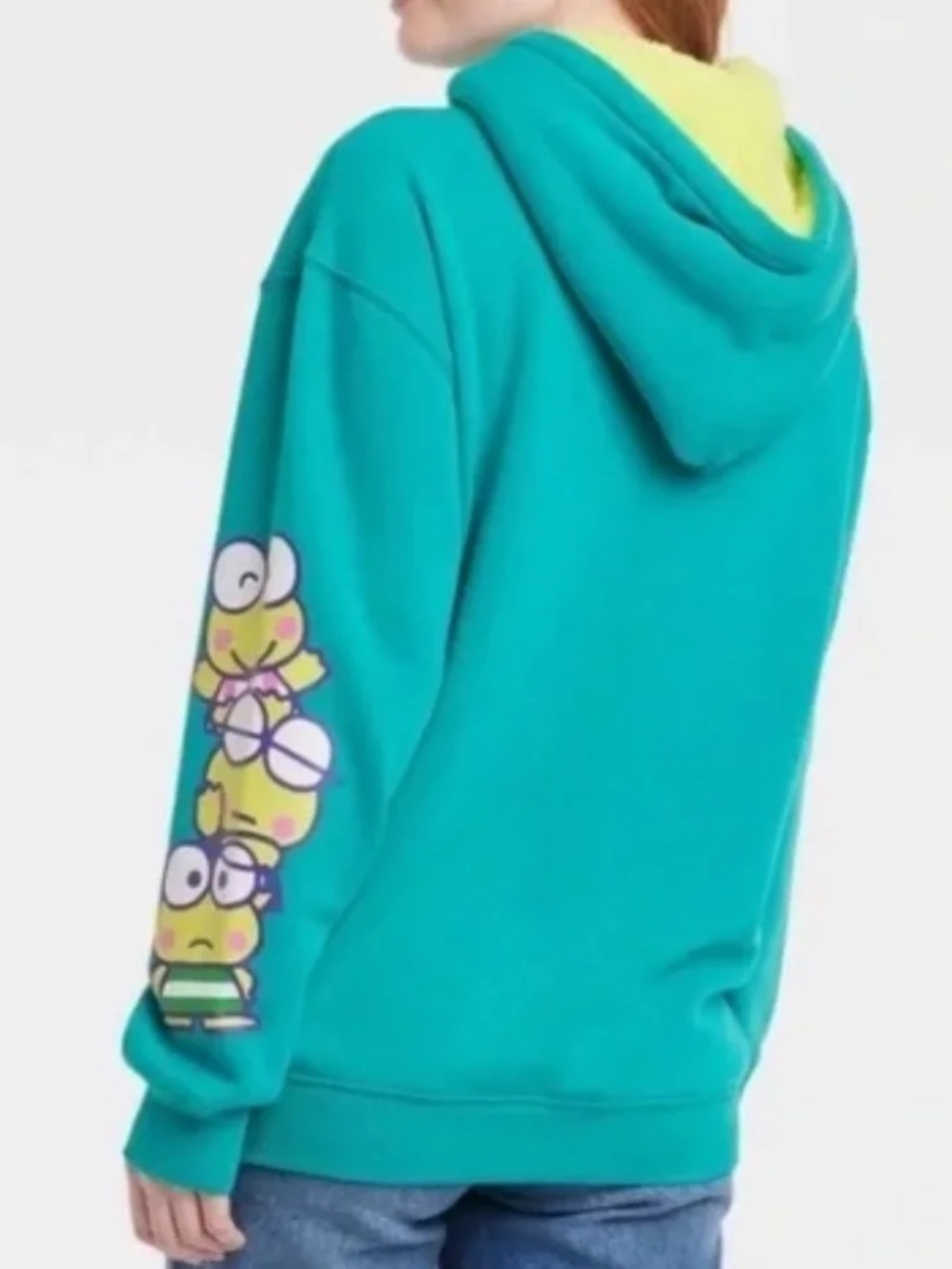 Sanrio Keroppi Graphic Hoodie Sweatshirt Fuzzy Lined Green Oversized Size XS - Picture 2 of 9